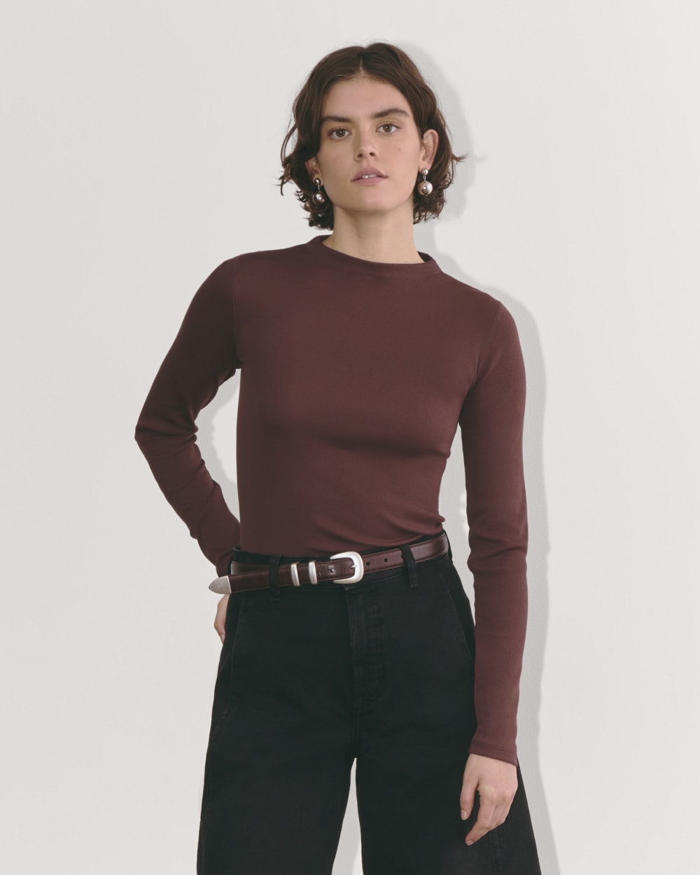 The Luxe Rib Funnel-Neck Tee | Dark Mahogany