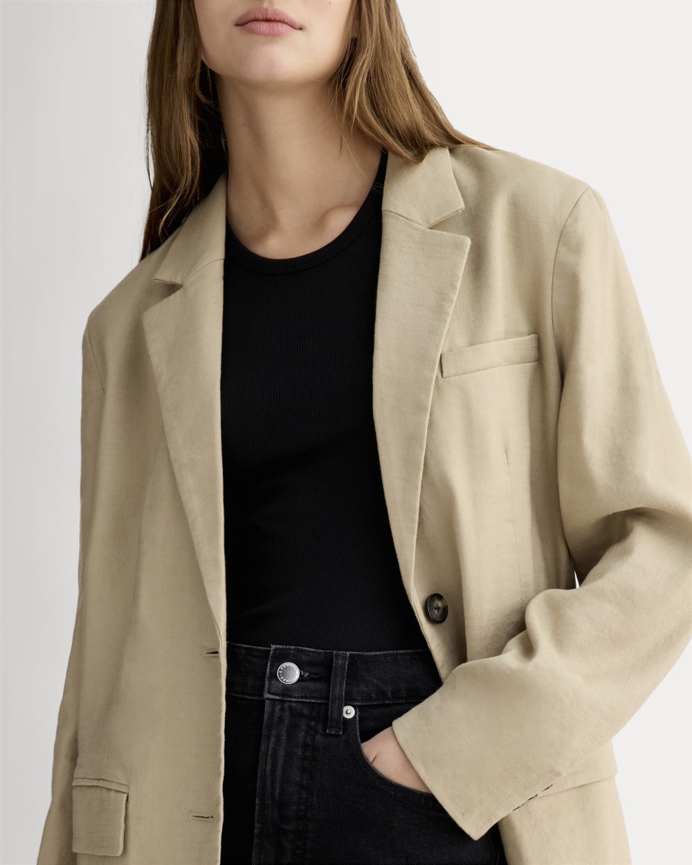 The Oversized Blazer in Stretch Linen | Trench Coat Khaki - Image 4