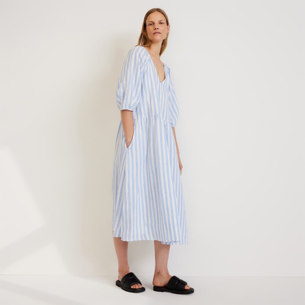 The Linen Oversized Puff-Sleeve Dress | Blue / White