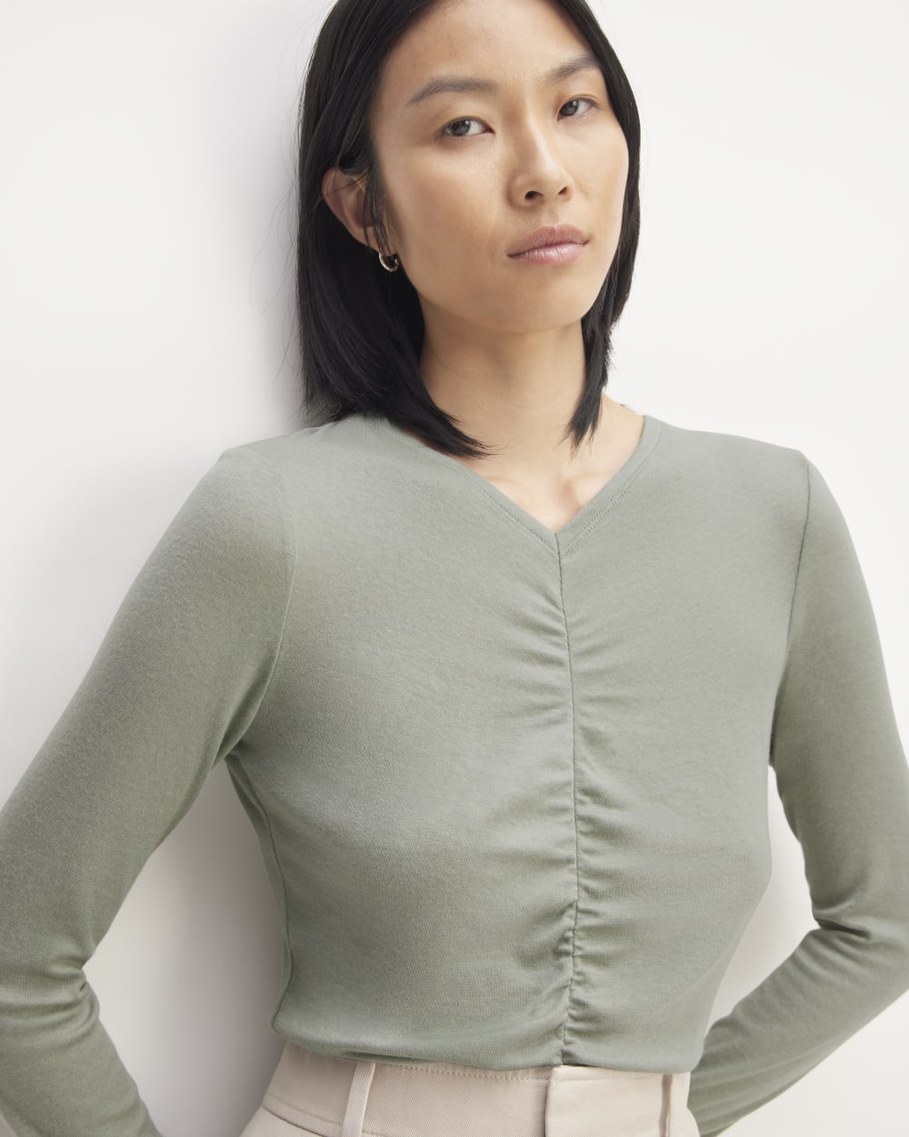 The Ruched V-Neck Tee in Butterluxe | Sage Green - Image 3