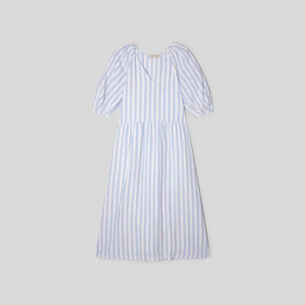 The Linen Oversized Puff-Sleeve Dress | Blue / White - Image 2