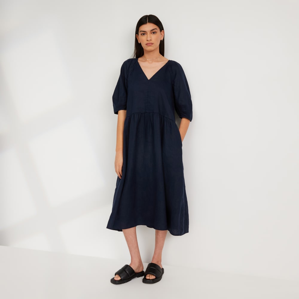 The Linen Oversized Puff-Sleeve Dress | Navy