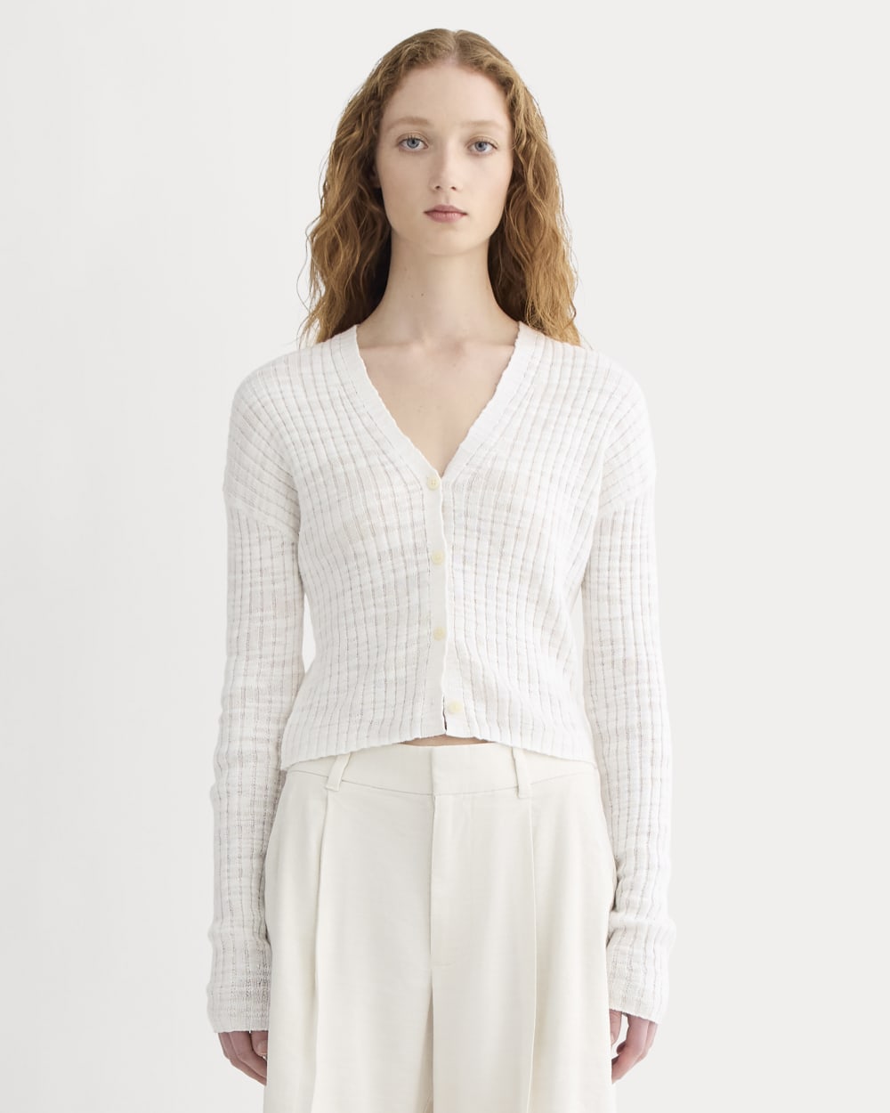The Ribbed Cardigan in Cotton Linen | White