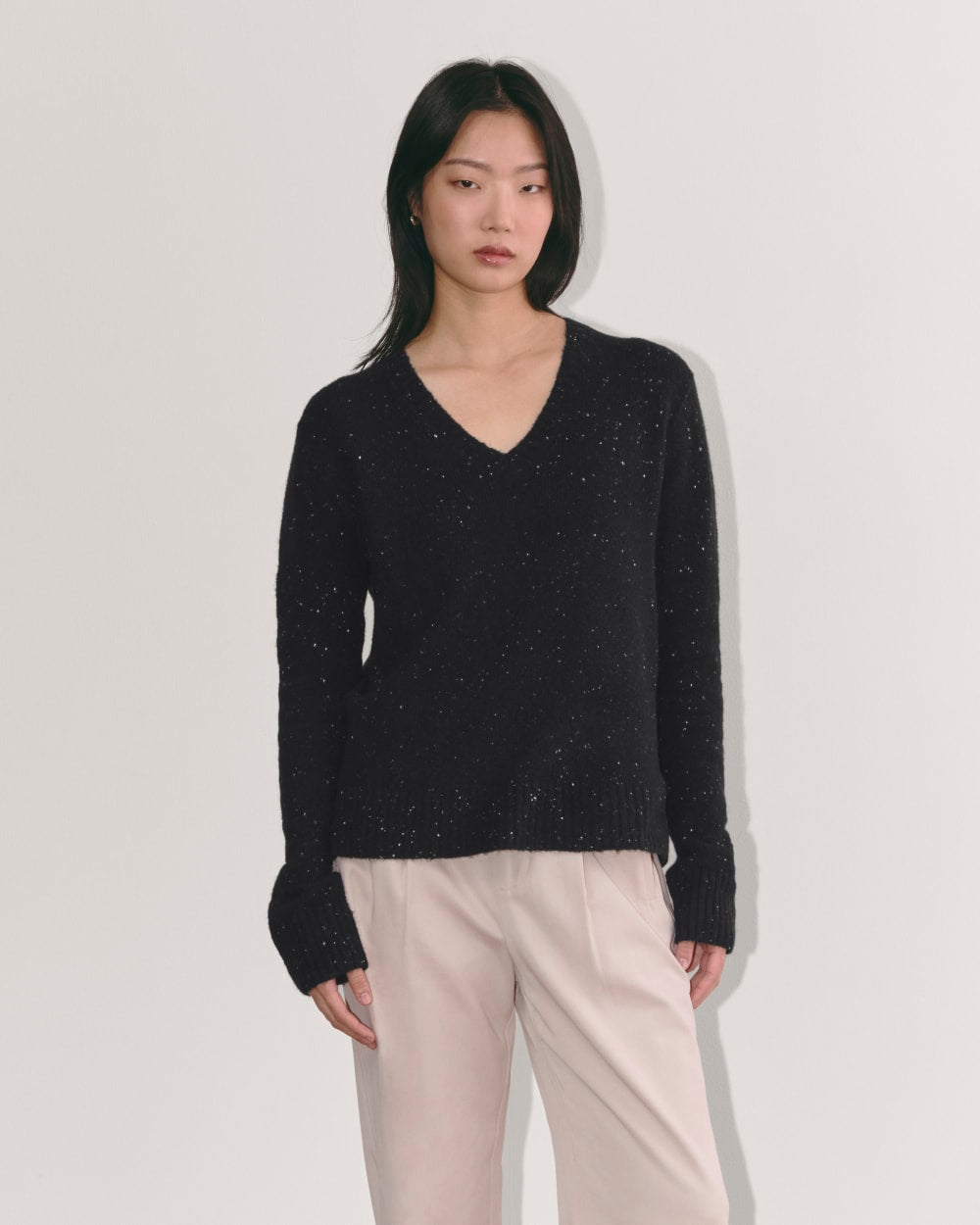 The V-Neck Sweater in Plush Cotton | Black Confetti