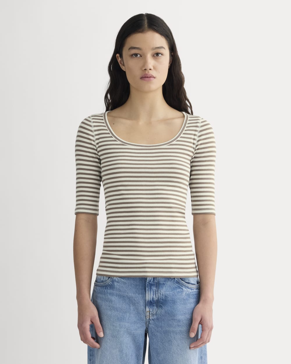 The Luxe Rib Scoop-Neck Tee | Bone / Deep Taupe