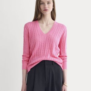 The Cable V-Neck in Cotton Cashmere | Deep Pink