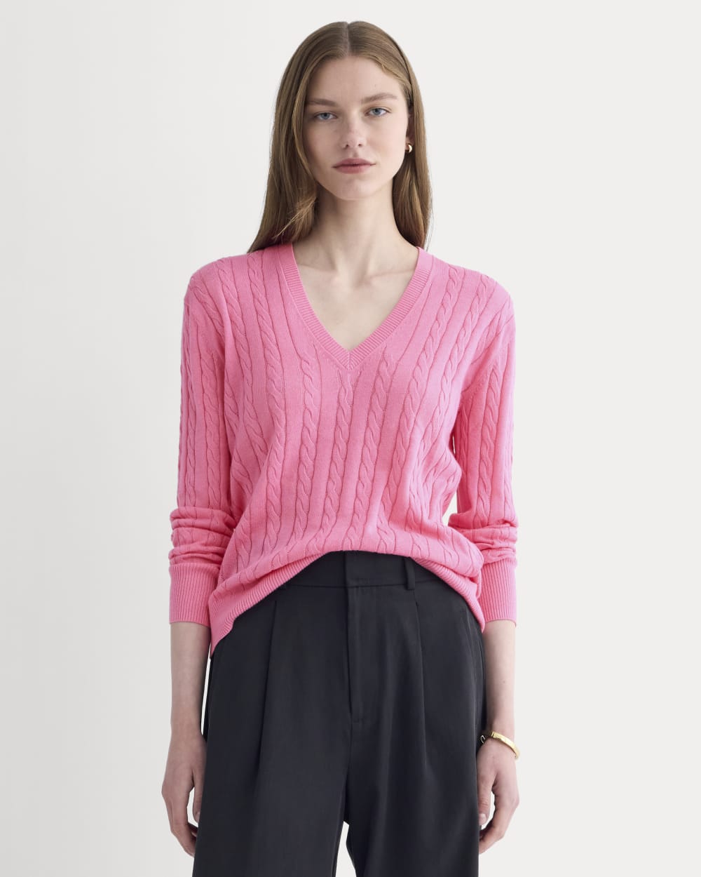 The Cable V-Neck in Cotton Cashmere | Deep Pink