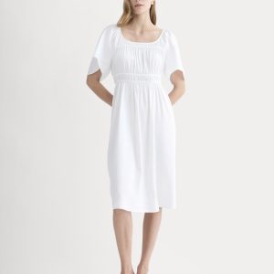The Flutter-Sleeve Dress in Stretch Linen | White