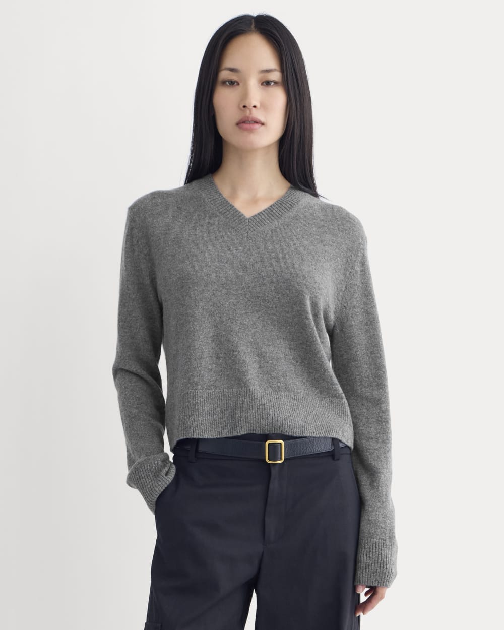 Cashmere Cropped High-V Sweater | Heather Charcoal