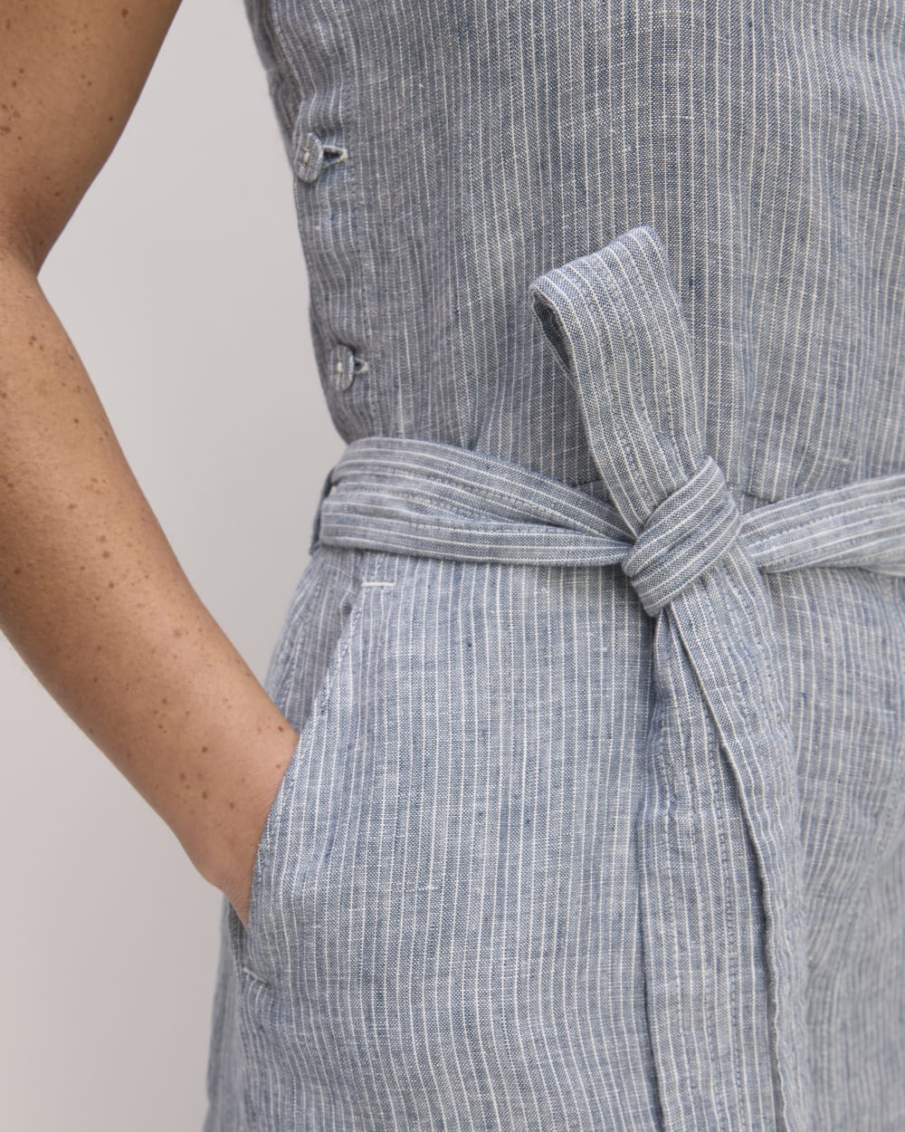 The Linen Side-Button Jumpsuit | White / Blue - Image 4