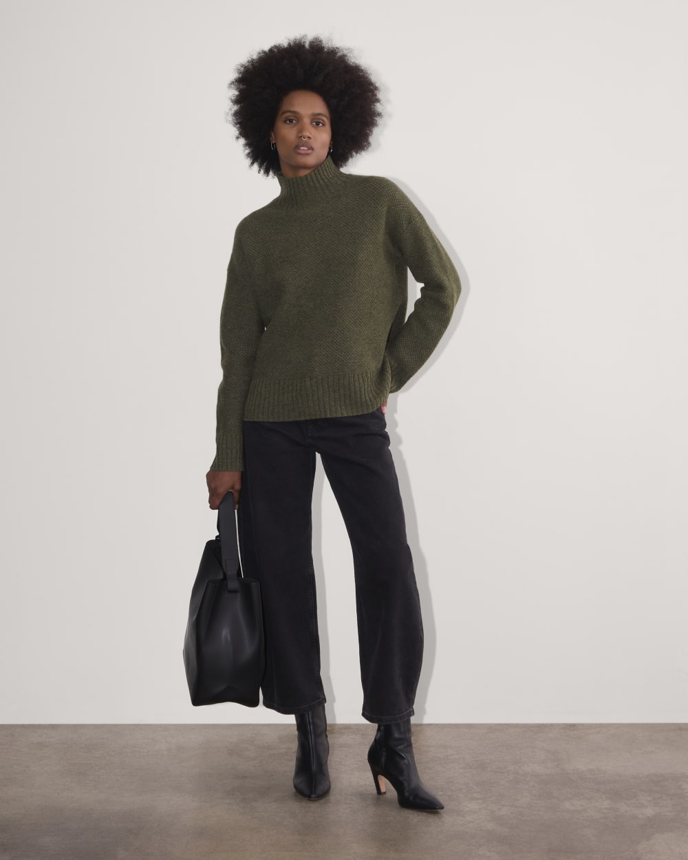The Honeycomb Funnel Neck in Wool Cashmere | Heathered Army Green - Image 3