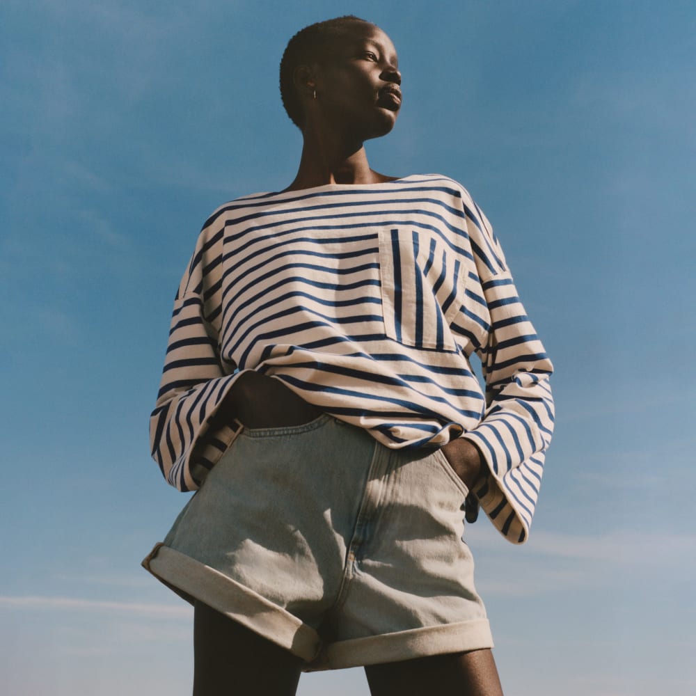 The Premium Weight Oversized Pocket Tee | Canvas Tan / Mazarine Blue - Image 6