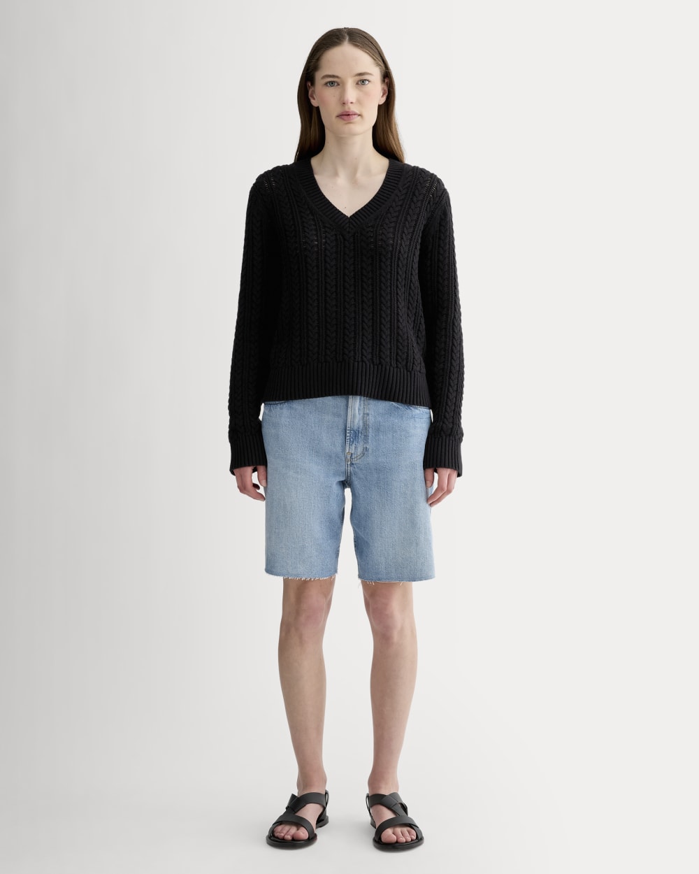 The Mesh Cable V-Neck in Everyday Cotton | Black - Image 3