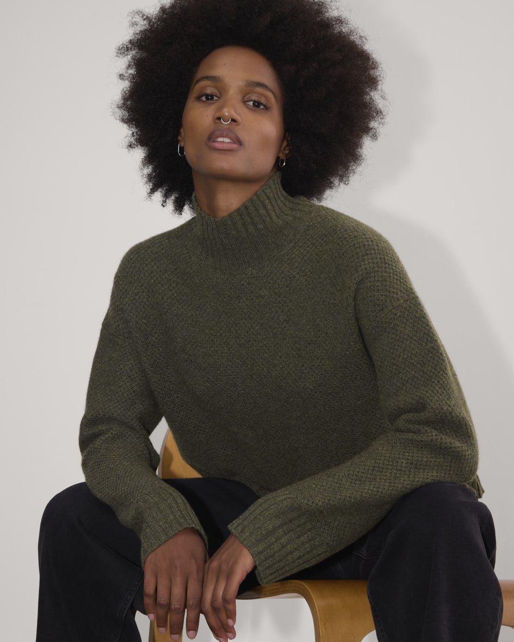 The Honeycomb Funnel Neck in Wool Cashmere | Heathered Army Green - Image 4