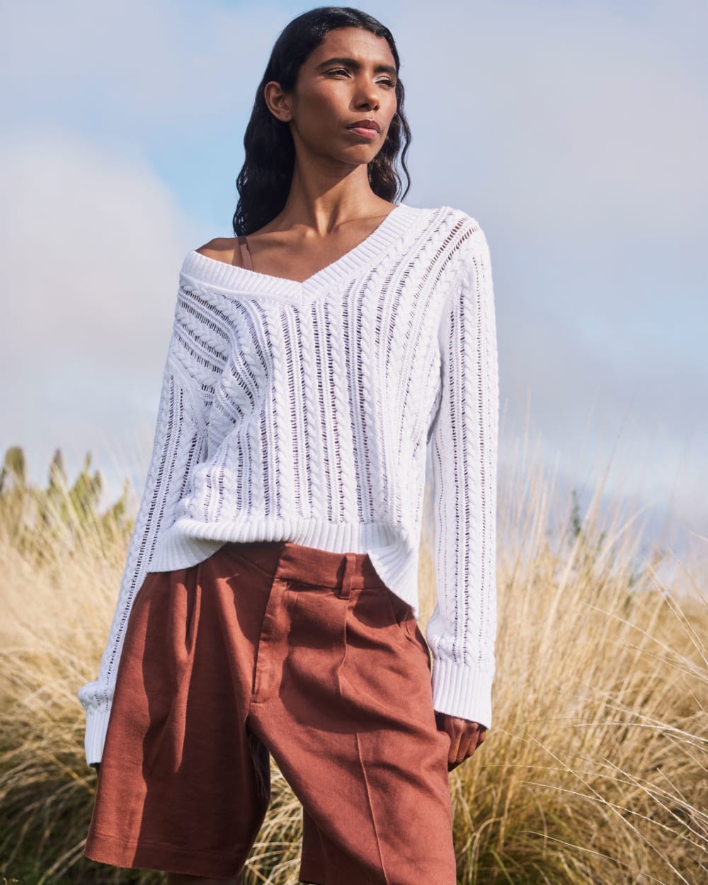 The Mesh Cable V-Neck in Everyday Cotton | White - Image 8