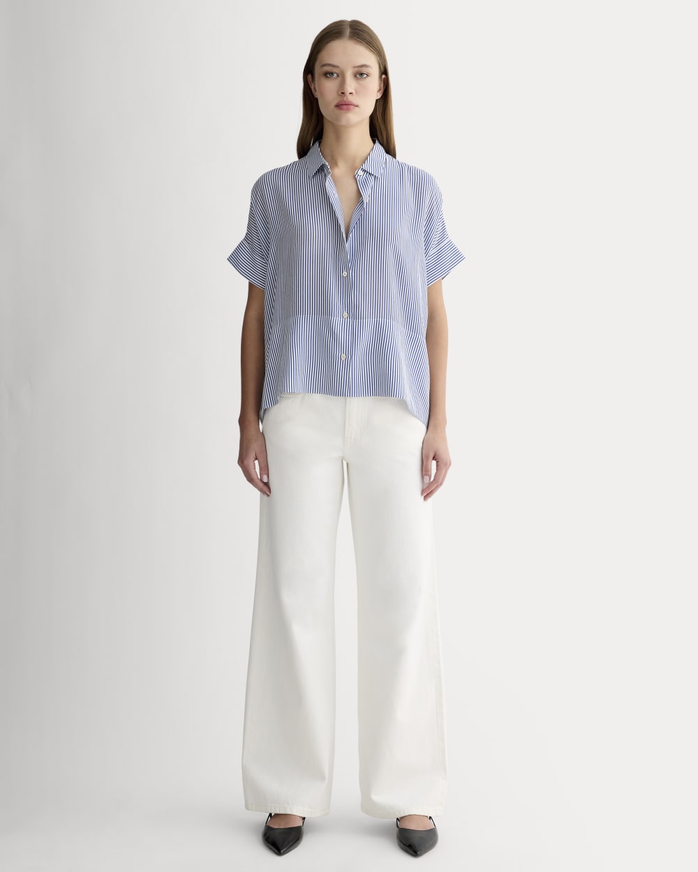 The Boxy Shirt in Washable Silk | Blue / White - Image 3