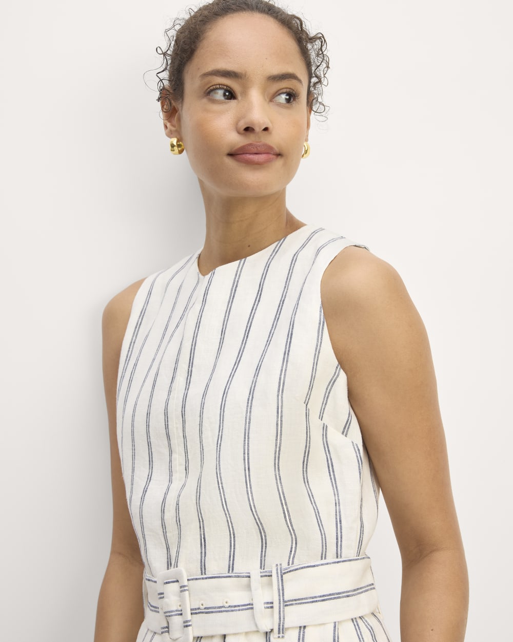 The Linen Belted Midi Dress | Bone / Navy - Image 3
