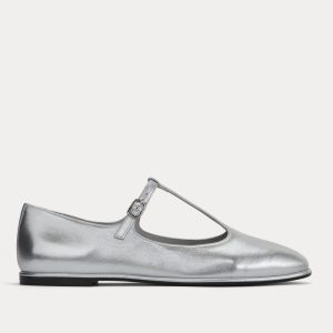 The Leather T-Strap Flat | Silver