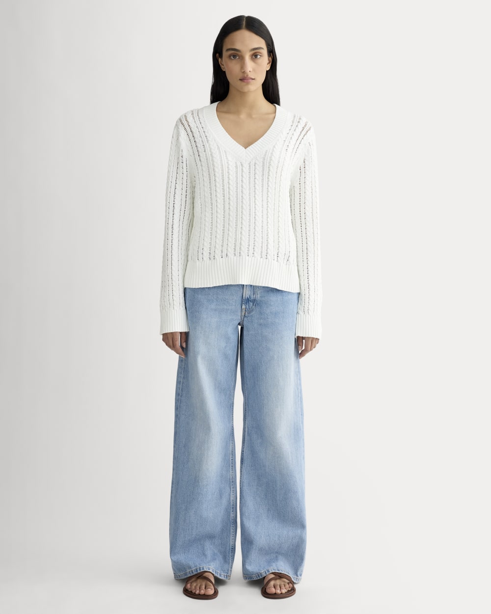 The Mesh Cable V-Neck in Everyday Cotton | White - Image 3