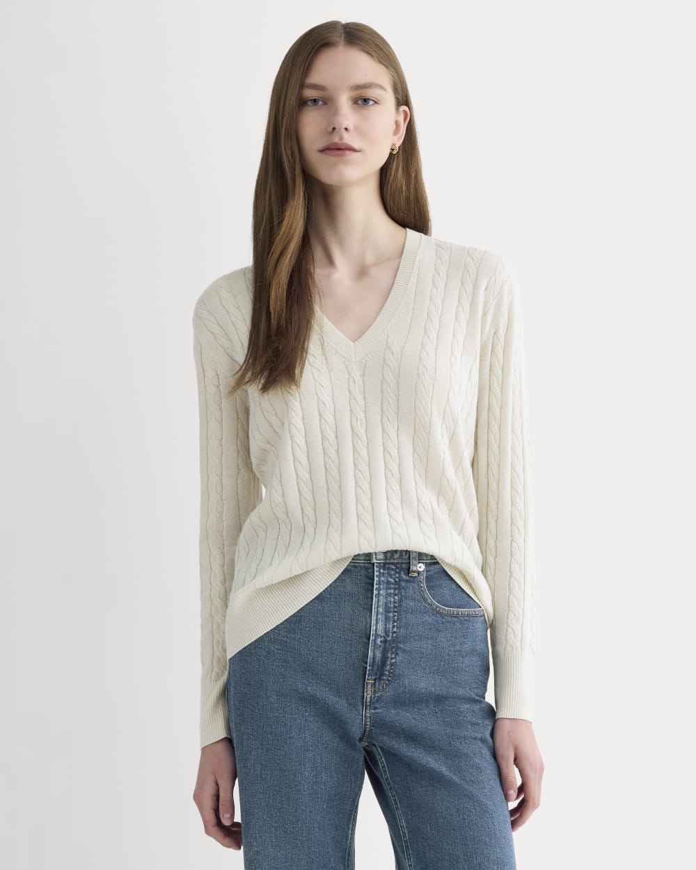 The Cable V-Neck in Cotton Cashmere | Birch