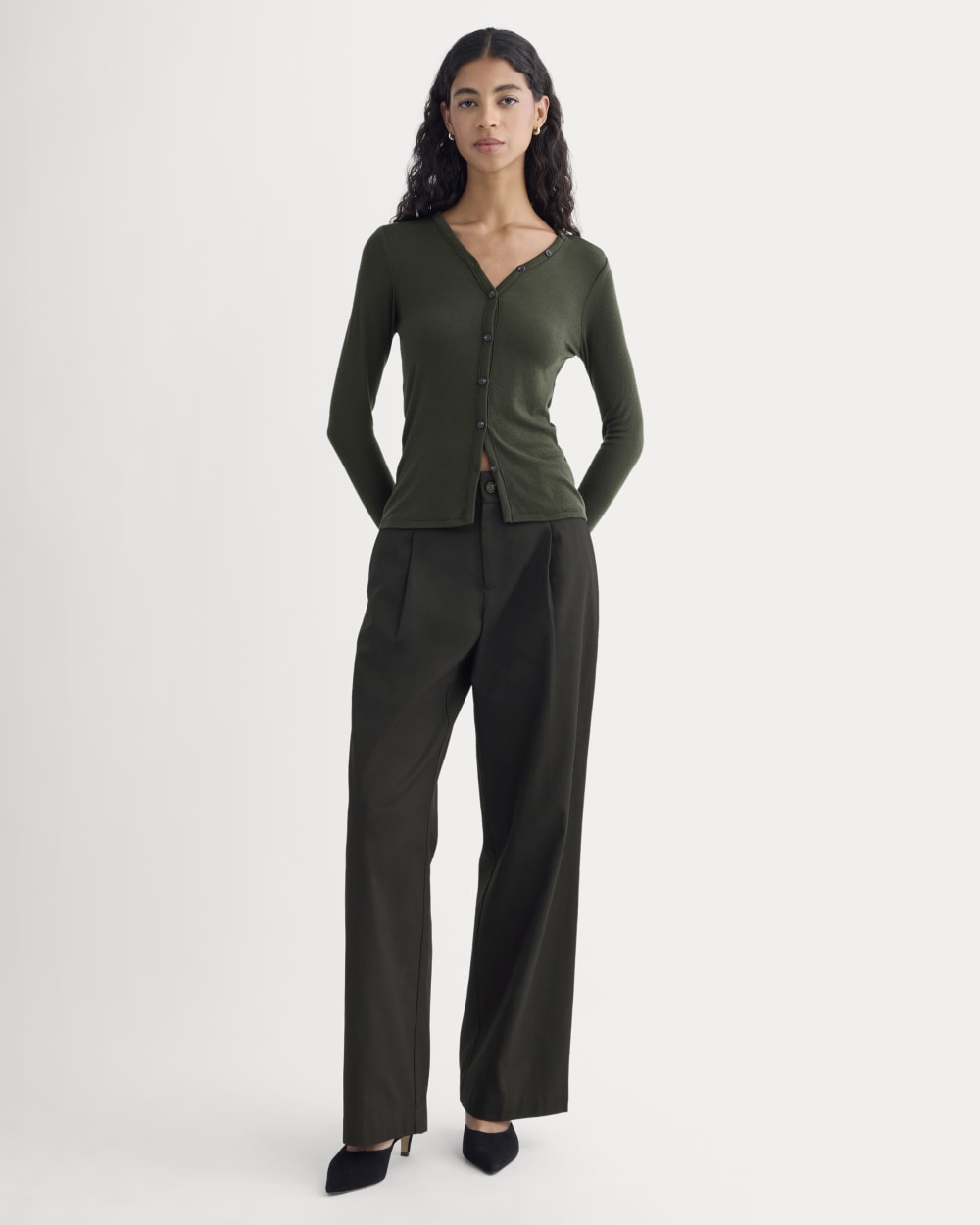 Sheer V-Neck Cardigan in Butterluxe | Dark Green - Image 3