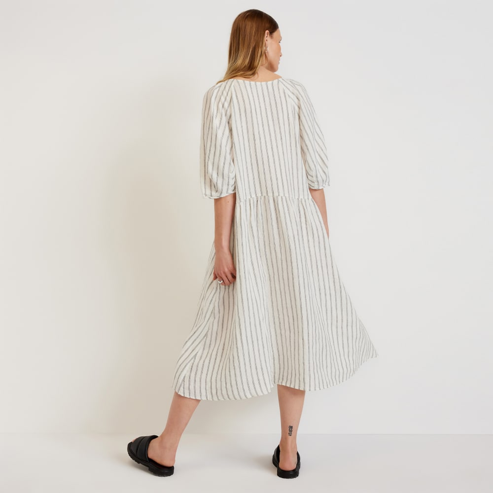 The Linen Oversized Puff-Sleeve Dress | Black / Canvas Tan - Image 3