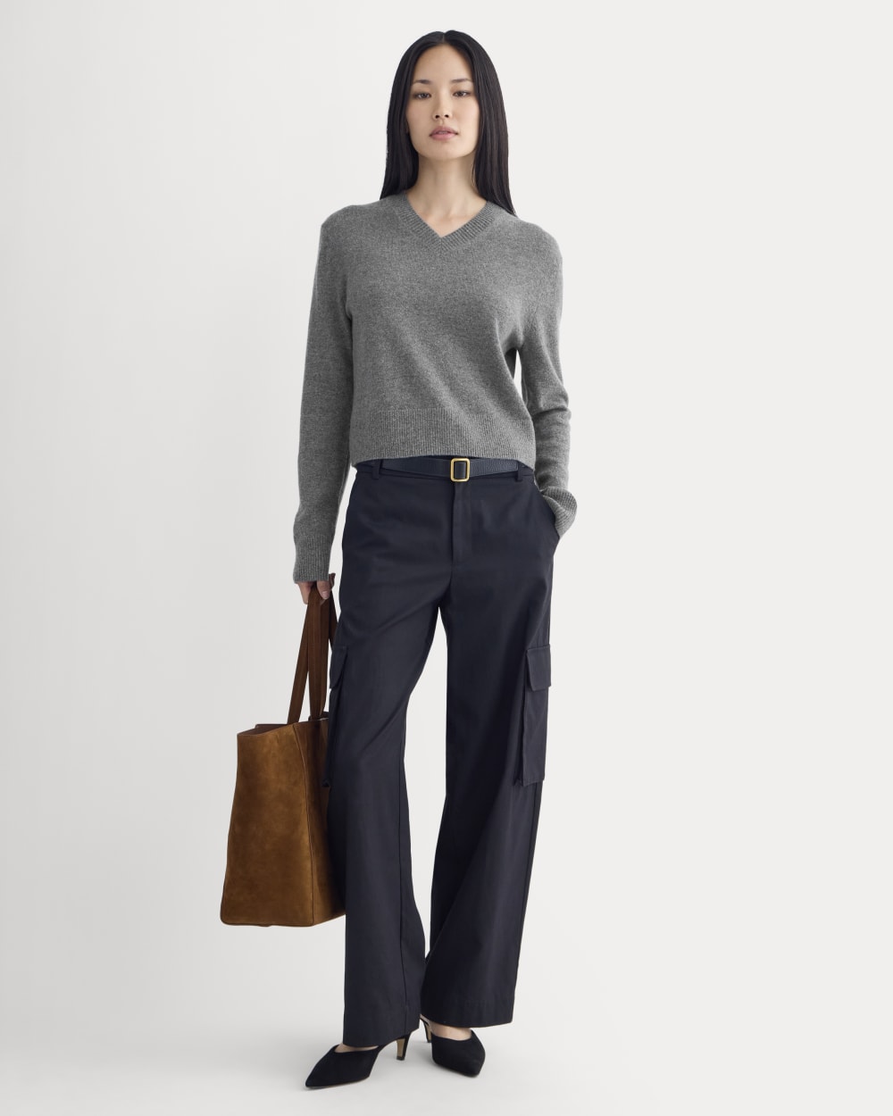 Cashmere Cropped High-V Sweater | Heather Charcoal - Image 3