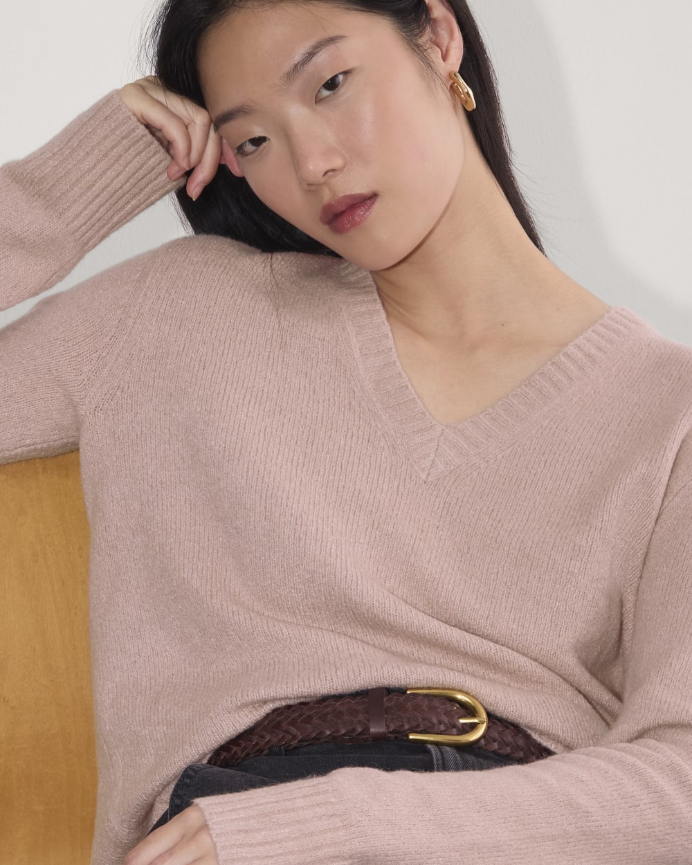 The V-Neck Sweater in Plush Cotton | Dusty Rose - Image 3