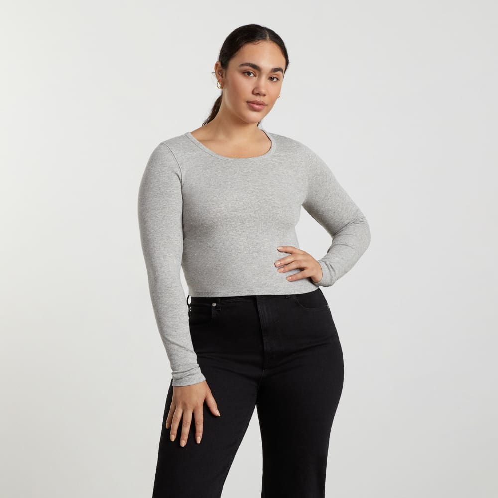 The Pima Micro-Rib Cropped Long-Sleeve Crew | Heathered Grey - Image 2