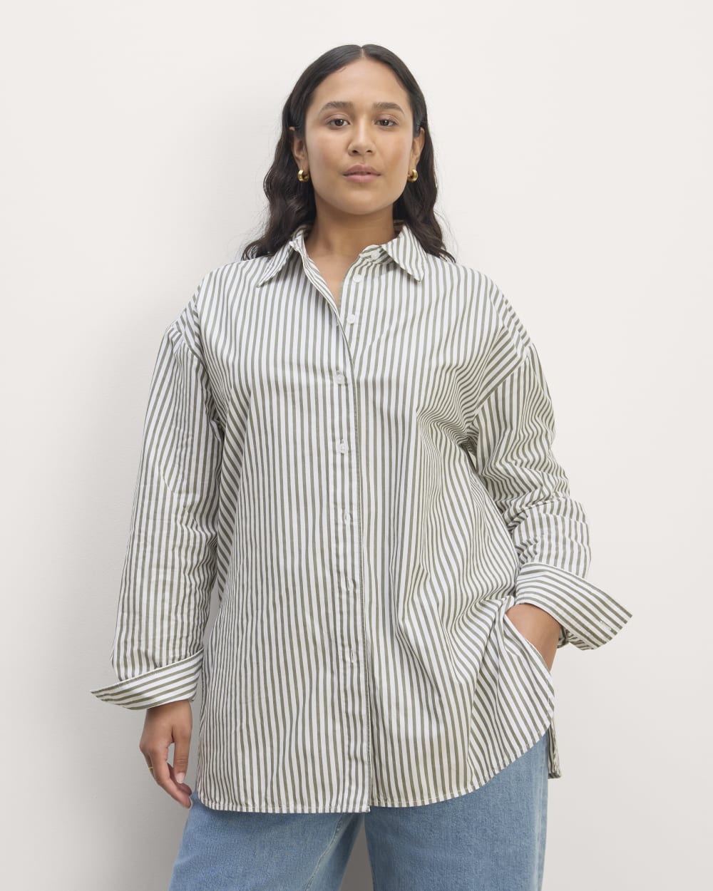 The Supima? Cotton Boyfriend Shirt | White / Moss Green