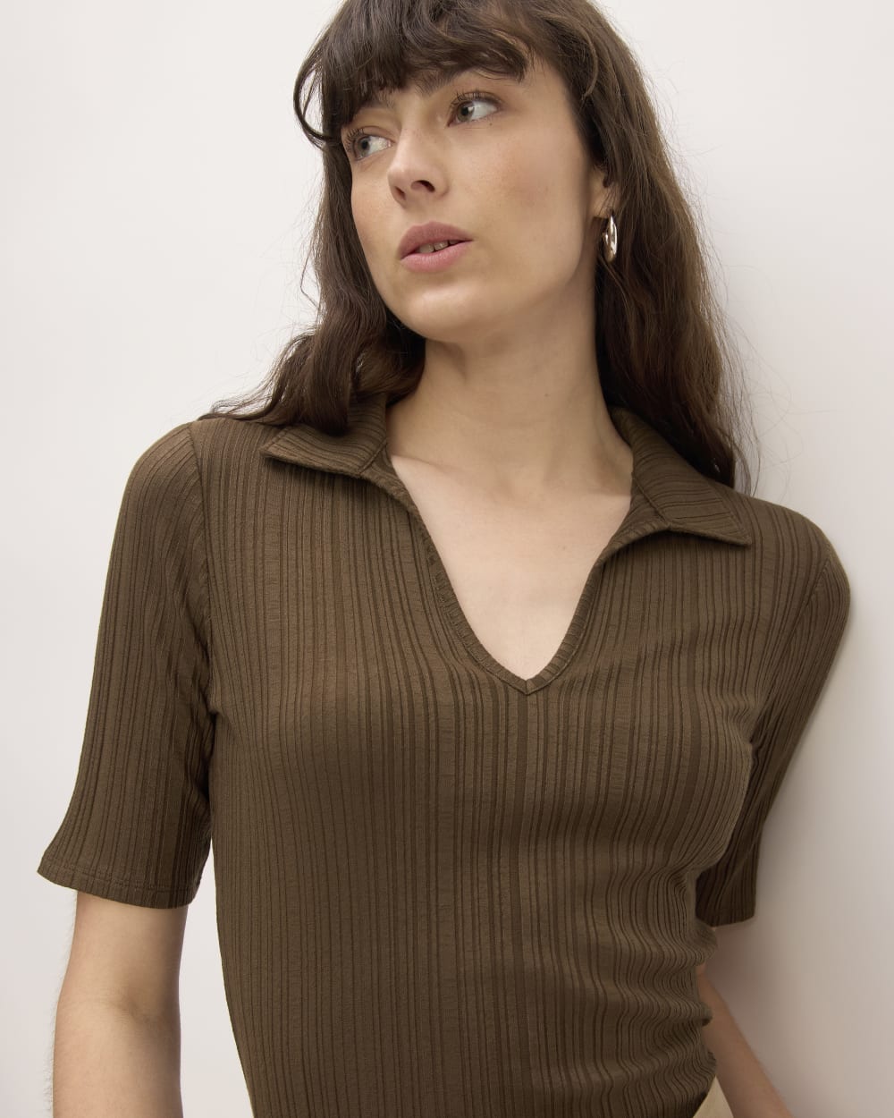 The Rib Soft Knit Open Collar Polo | Cocoa - Image 4