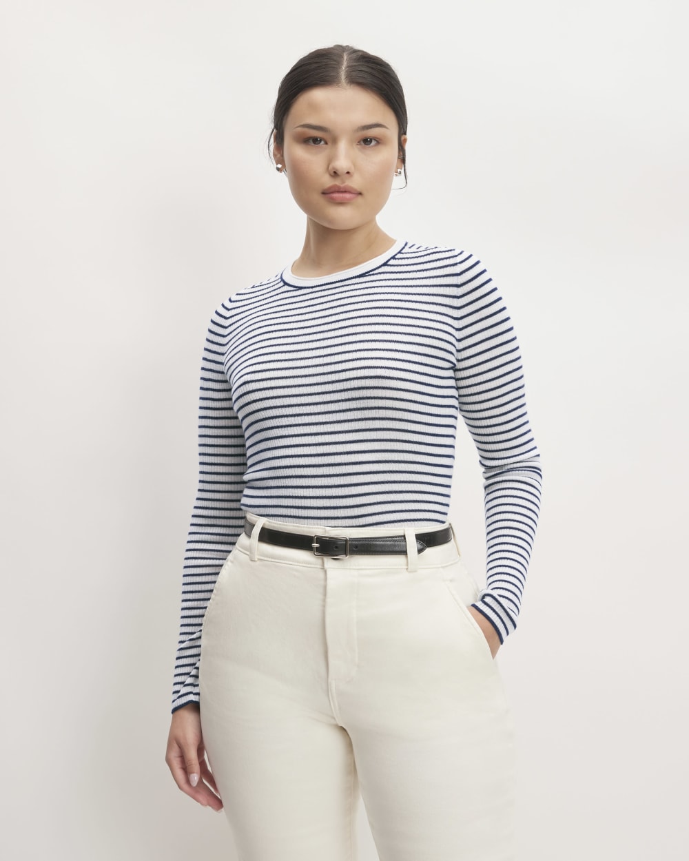 The Long-Sleeve Sweater Tee in Ultrasoft Merino | Bone / Navy