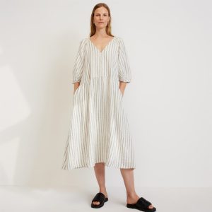 The Linen Oversized Puff-Sleeve Dress | Black / Canvas Tan