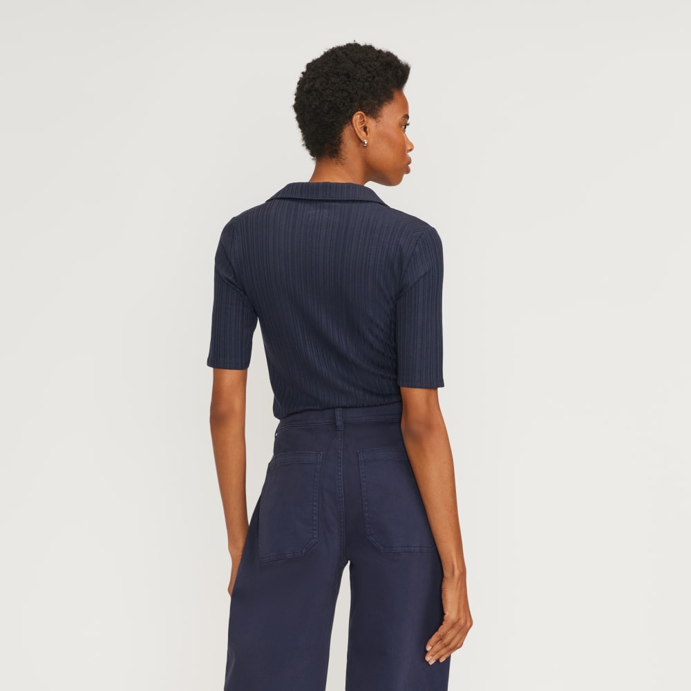 The Rib Soft Knit Open Collar Polo | Navy - Image 3
