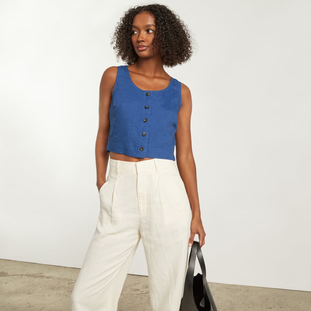 The Linen Button-Front Crop Tank | Deep Blue - Image 6