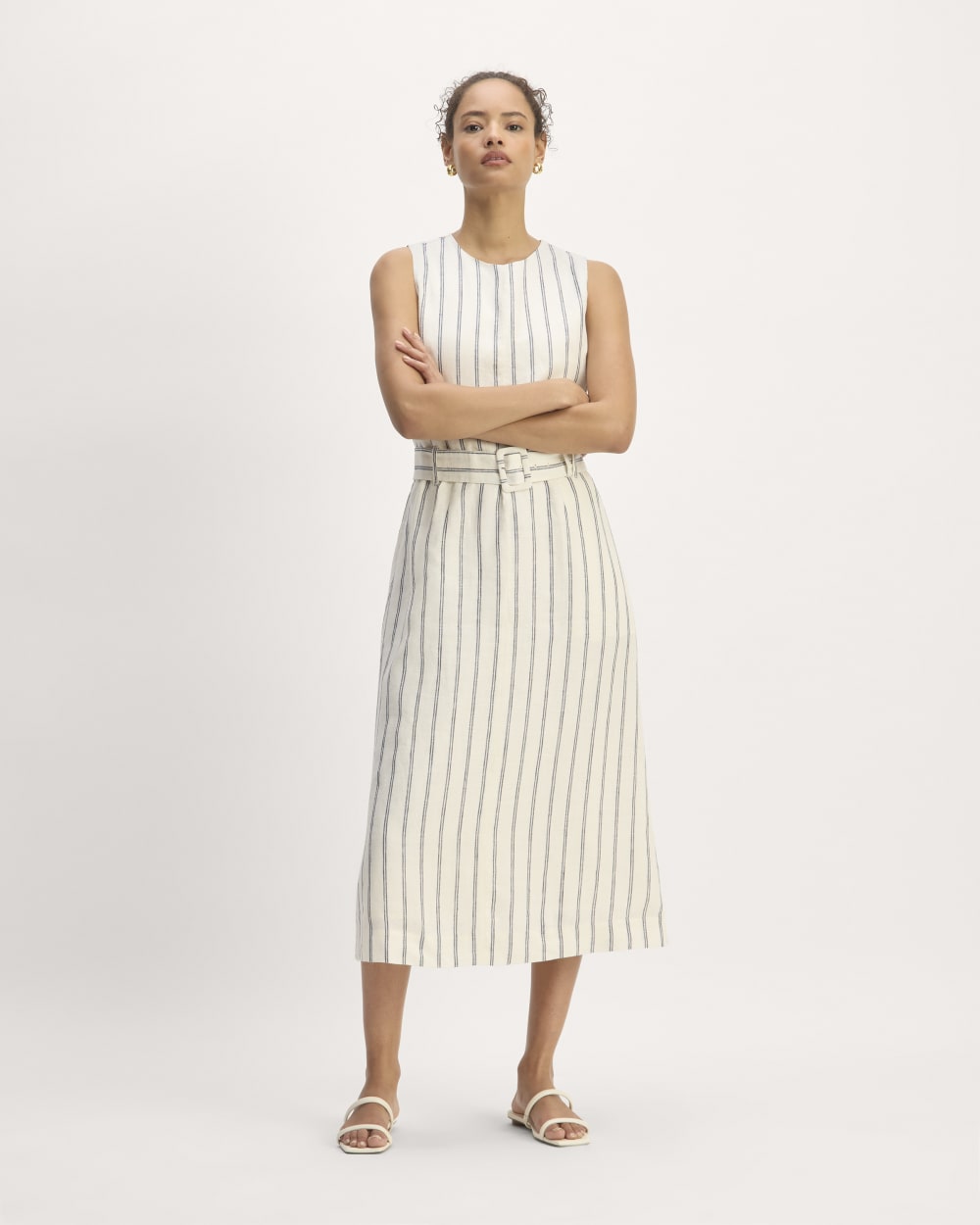 The Linen Belted Midi Dress | Bone / Navy