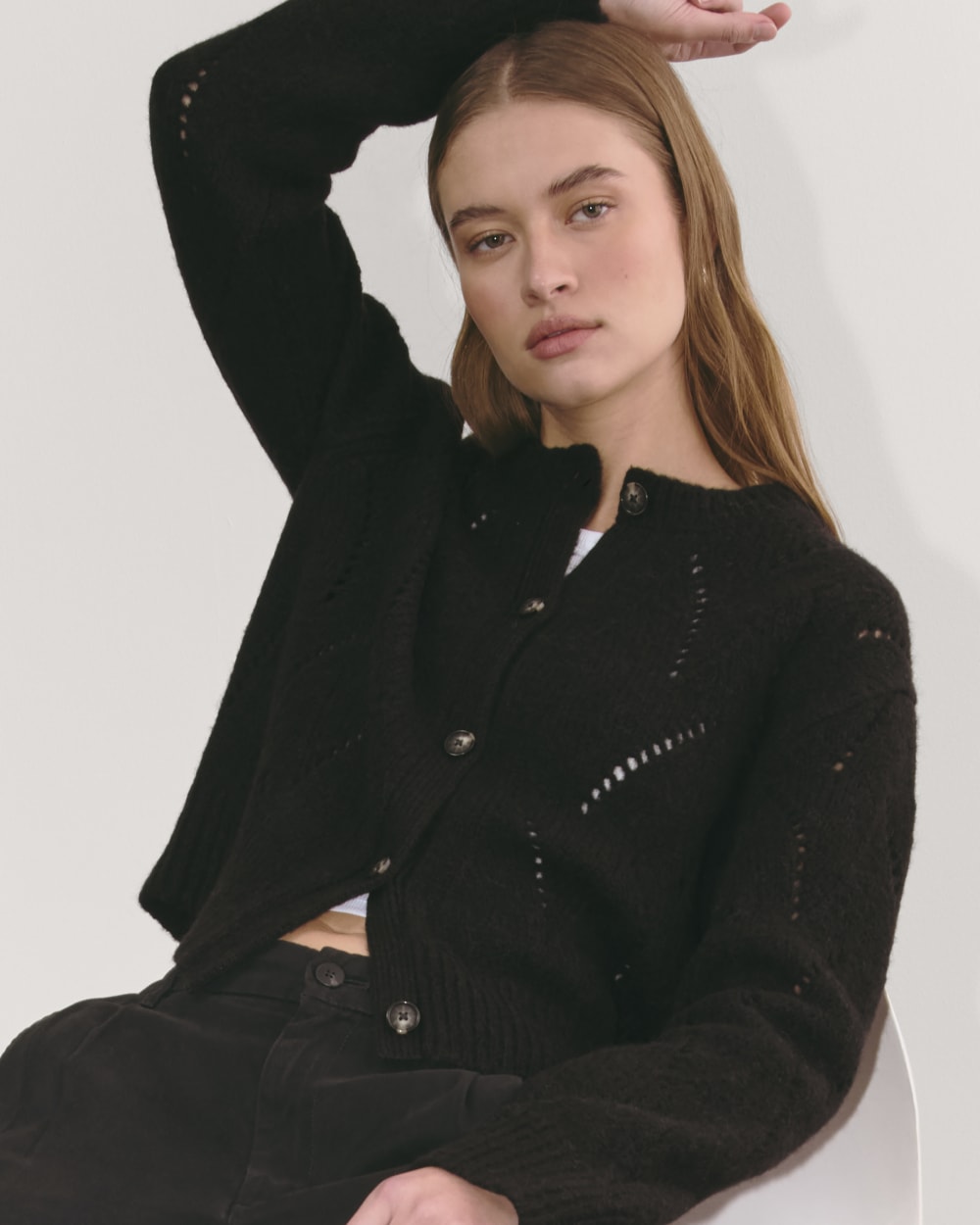 The Pointelle Cardigan in Cloud | Black - Image 3