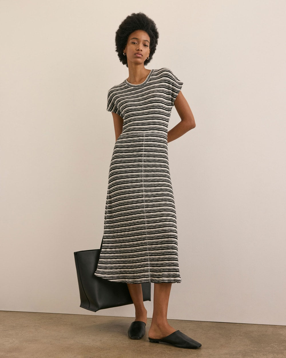 The Rib-Knit Cap-Sleeve Midi Dress | Bone / Black - Image 8