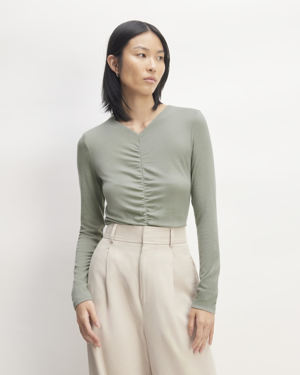 The Ruched V-Neck Tee in Butterluxe | Sage Green