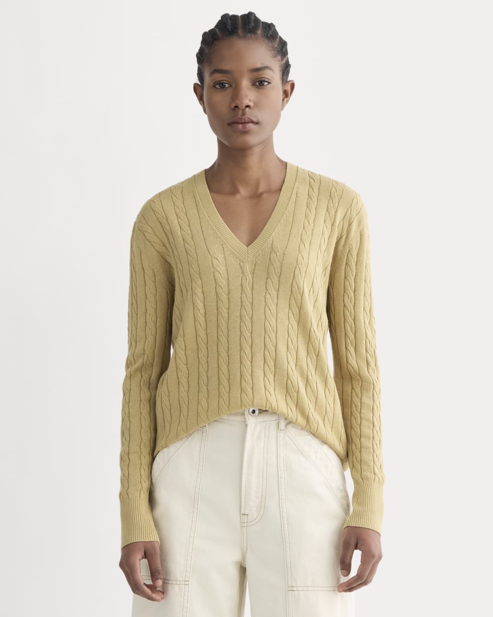 The Cable V-Neck in Cotton Cashmere | Classic Khaki