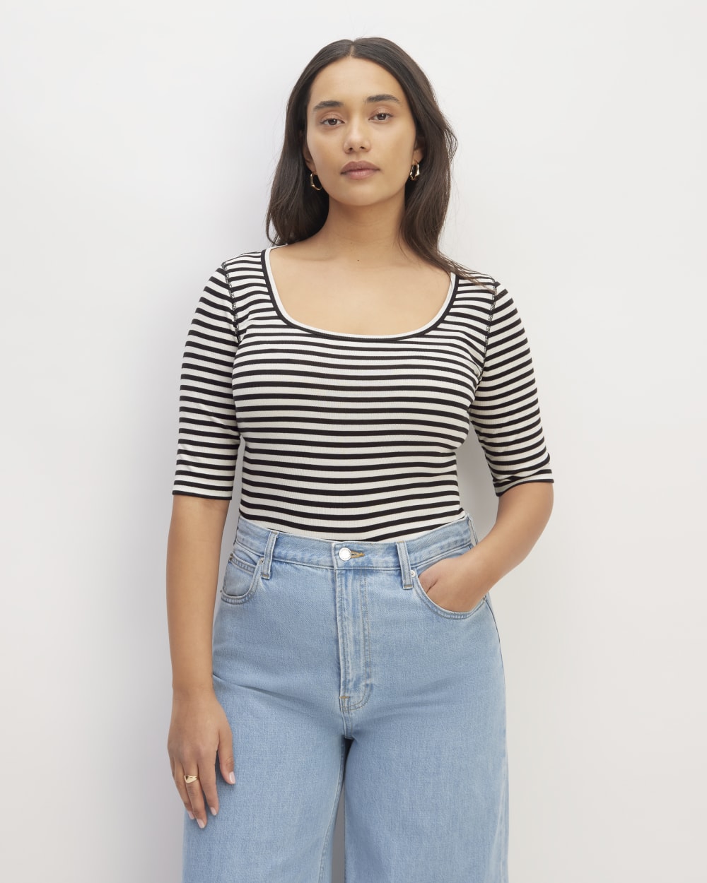 The Luxe Rib Scoop-Neck Tee | Bone / Black