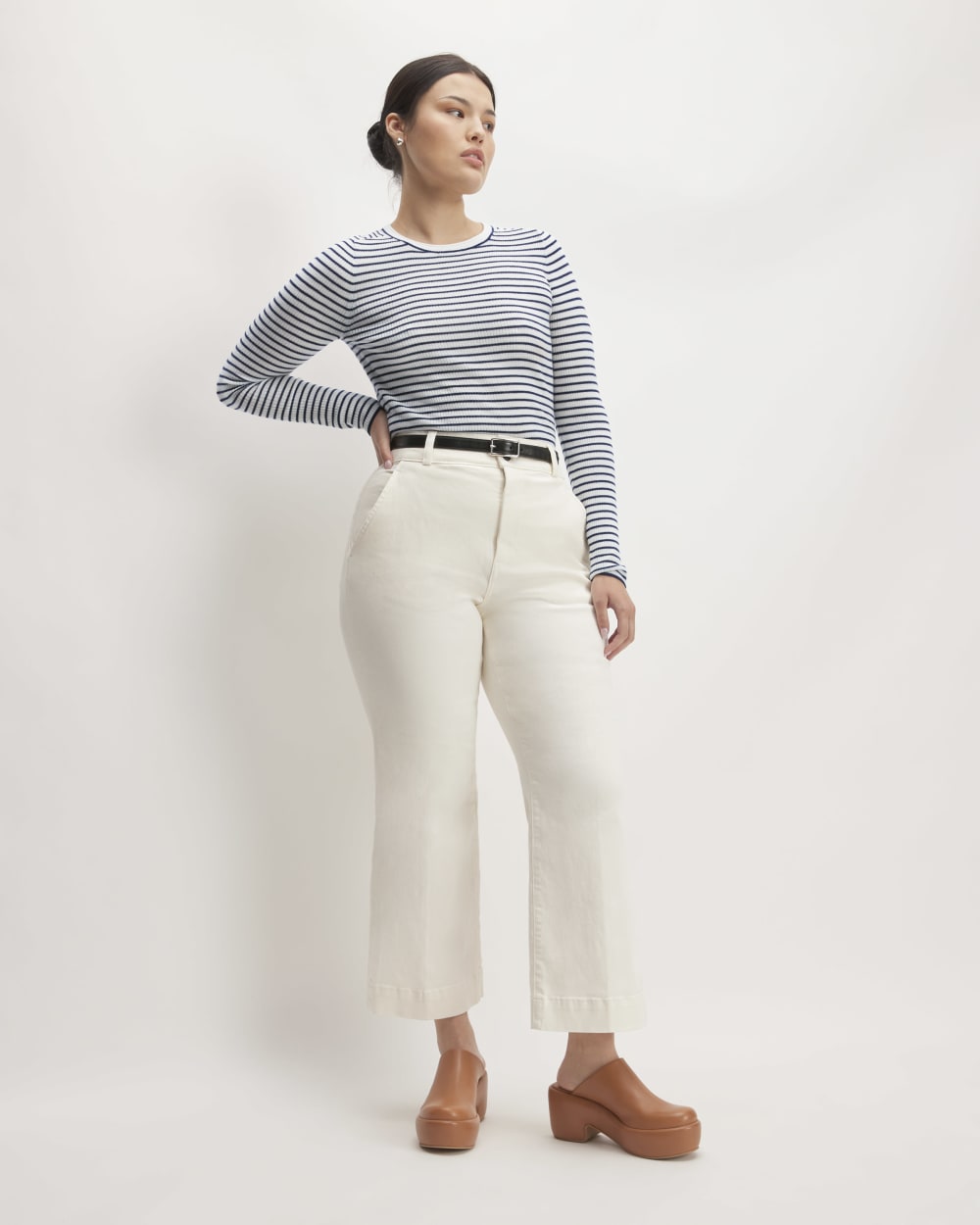 The Long-Sleeve Sweater Tee in Ultrasoft Merino | Bone / Navy - Image 3