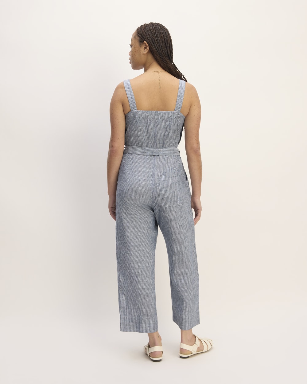 The Linen Side-Button Jumpsuit | White / Blue - Image 6