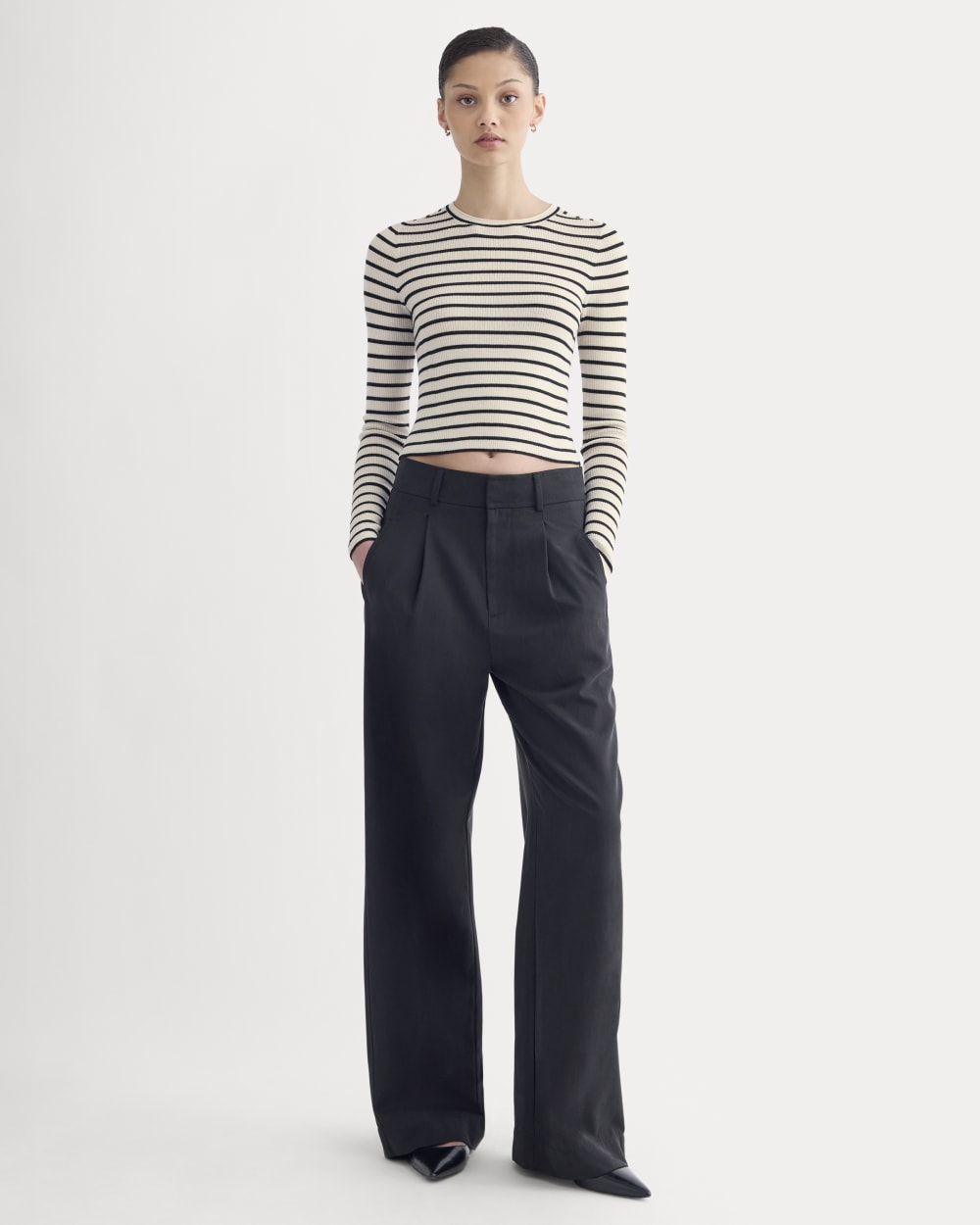 The Cropped Crew Top in Ultrafine Merino | Parchment / Black - Image 3